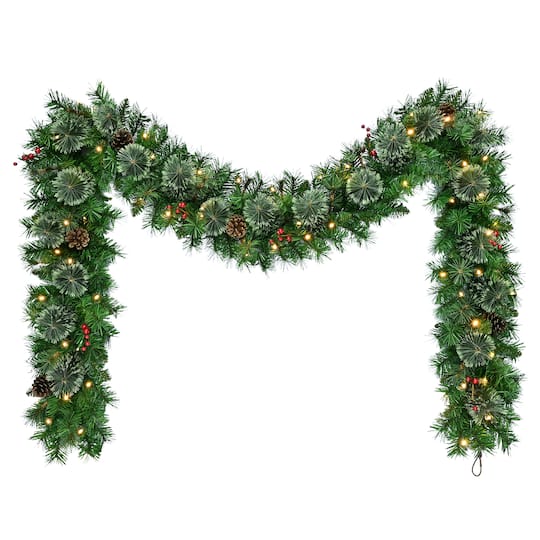 Puleo International 9ft. Pre-Lit Pine with Pinecones & Berries Artificial Garland